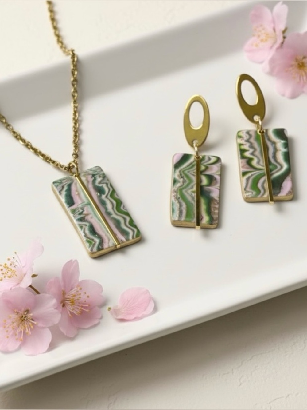 Handmade Olive Green Pink Marbled Polymer Clay Pendant Necklace & Earrings